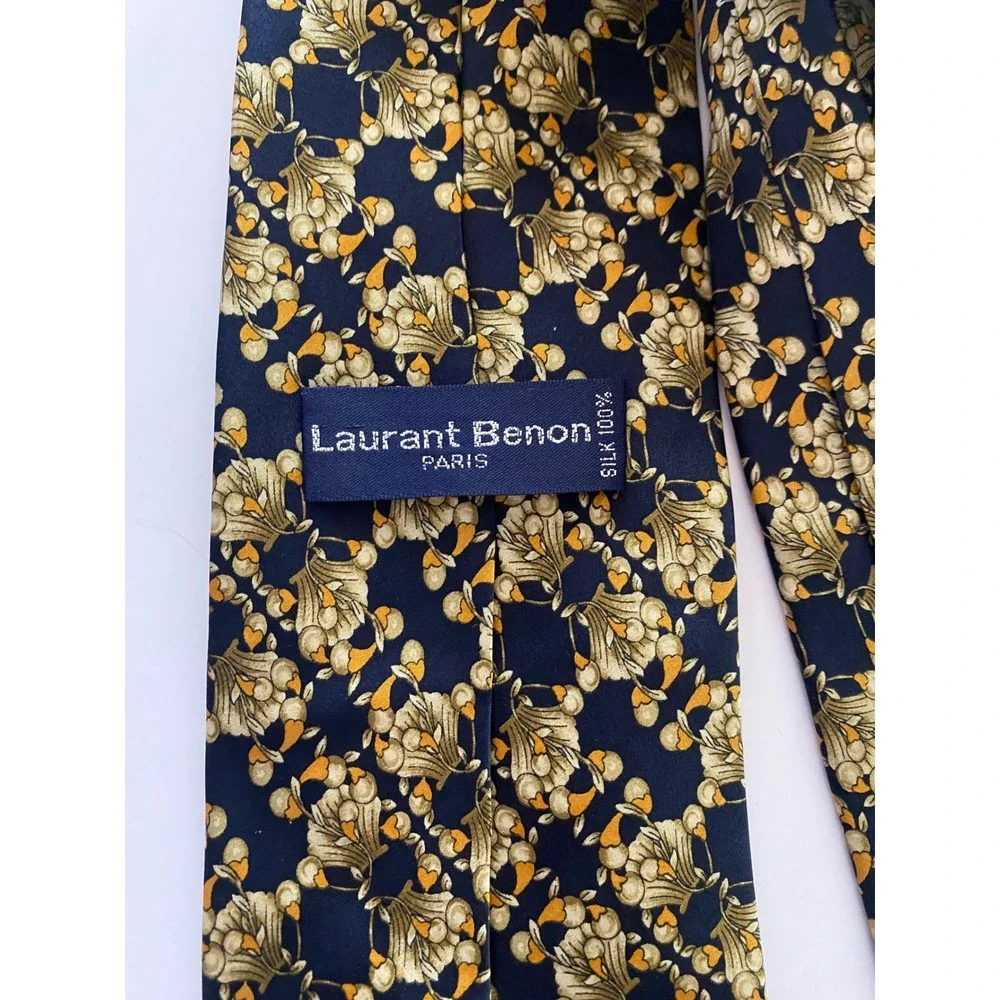 Laurant Benon Paris Mens Silk Tie Navy Blue Gold Floral Art Nouveau Pattern